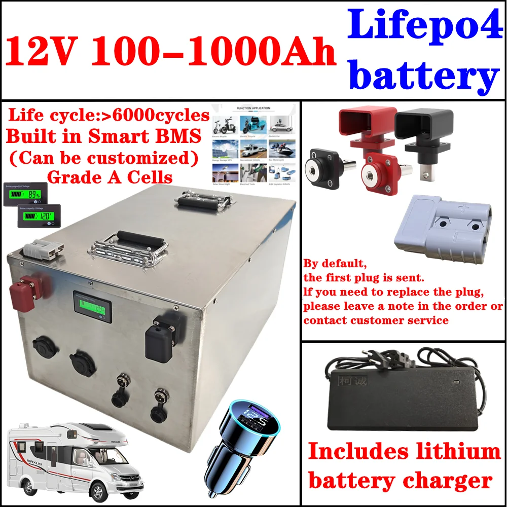 Lifepo4 Battery 12V 100Ah 200Ah 300Ah 400Ah 500Ah 600Ah 800Ah 1000Ah Rechargeable for 1000W Off-Grid UPS Solar System Boat