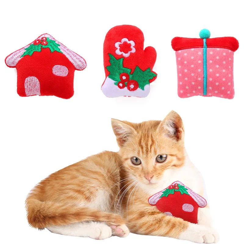 Pet Christmas Collection Cat Mint Cat Toys Creative Cabin Gift Box Glove Shape Cartoon Cat Plush Toys Pet Supplies