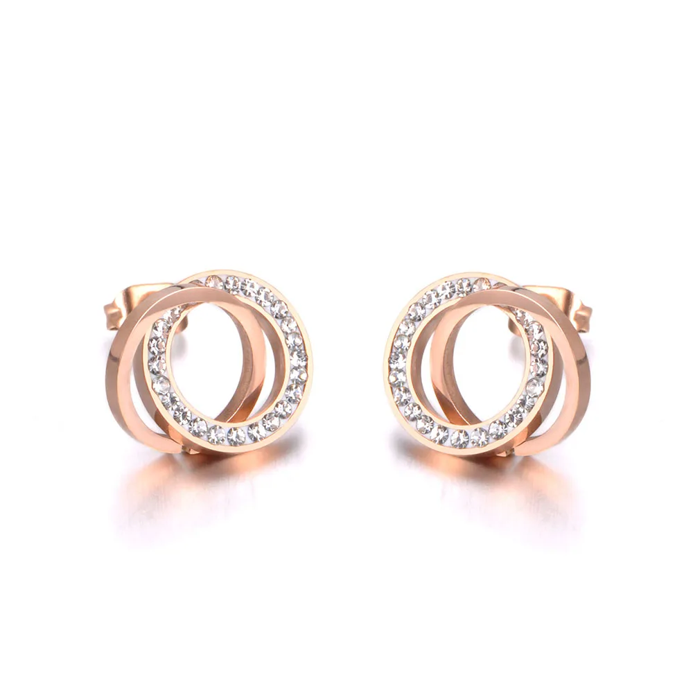 Lokaer Trendy Stainless Steel Clay Crystal Double Circles Stud Earrings Jewelry Vintage Earrings For Women Girls E19091