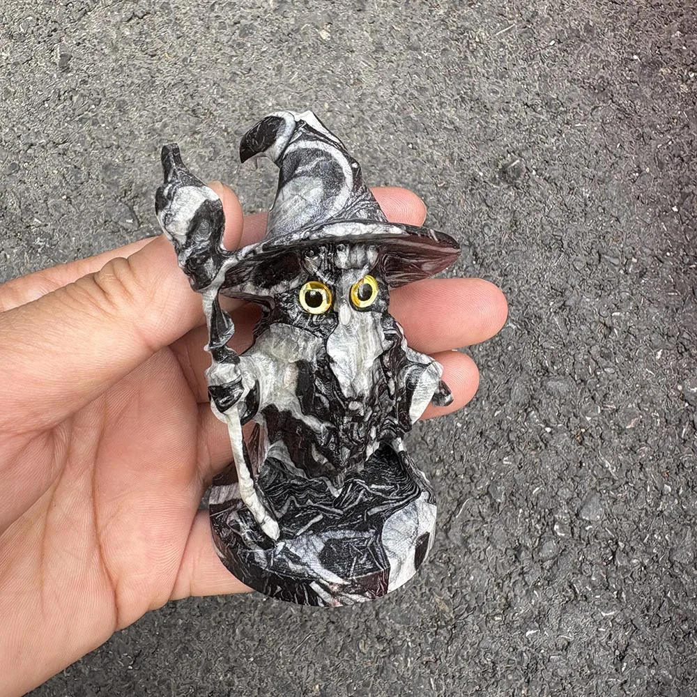 Custom Shell Stone Wizard Figurine, 9cm - Gemstone Fantasy Wizard Statue Tabletop Decor for Healing and Spiritual Protection