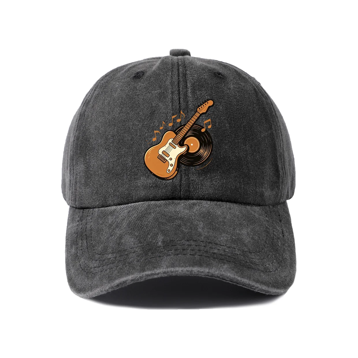 Vintage Washed Electric Guitar and Vinyl Record Baseball Cap, Adjustable Unisex Dad Hat, Rock Music Lover Gift