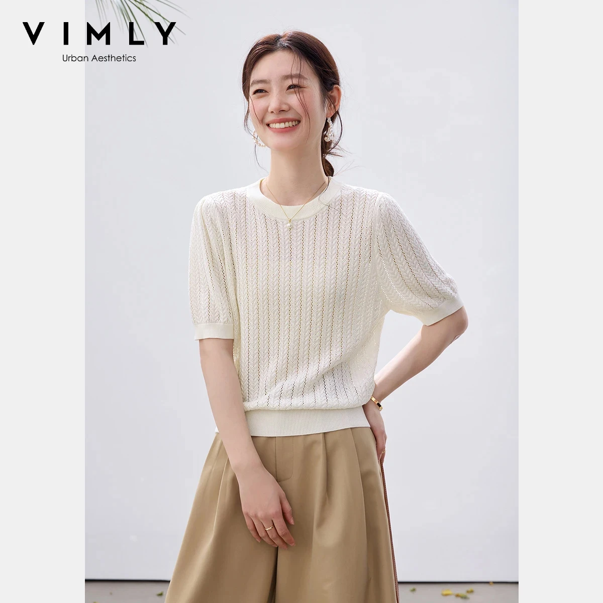 

VIMLY Women's Crew Neck Cable Knit T-shirt 2026 Summer New French Cut Out Rhinestone Lightweight Lyocell Short Sleeve Top 75359