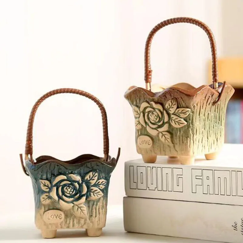 

Ceramic Gradual Color Floral Pattern Plant Pot Portable Basket Coarse Pottery Flowerpot Bonsai Vase Gardening Art Home Decor