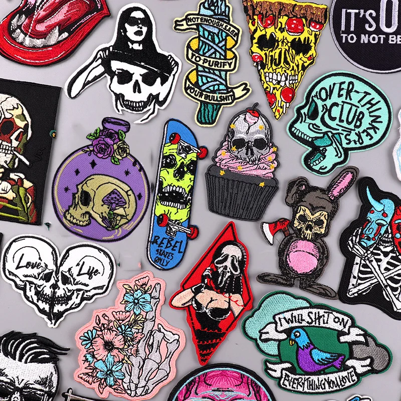 Horror Skull Embroidery Patch Iron On Patches For Clothing thermoadhesive Patches On Clothes Punk Ironing Stickers Patches DIY