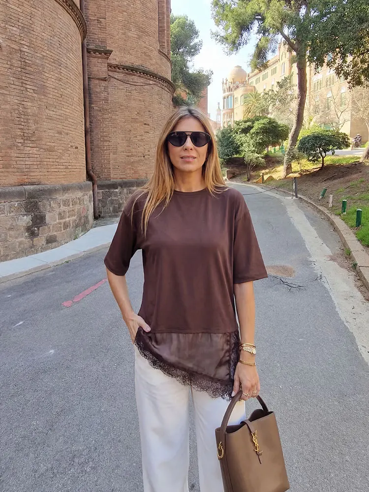Damen Elegantes Weißes Spitzen-Oversize-T-Shirt 2026 Y2K Mode Langarm Kurzarm Sommer-Oberteil