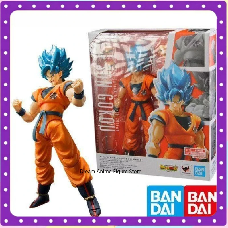 

In stock Original Bandai SHF Son Goku Super Saiyan God Super Blue Hair Dragon Ball Super Movable Model Figure