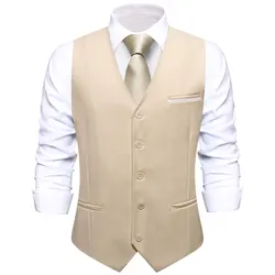 Champagne Silk Mens Vest Wedding Solid Slim Waistcoat Necktie Handkerchief Cufflinks Set for Male Business Party Designer Hi-Tie