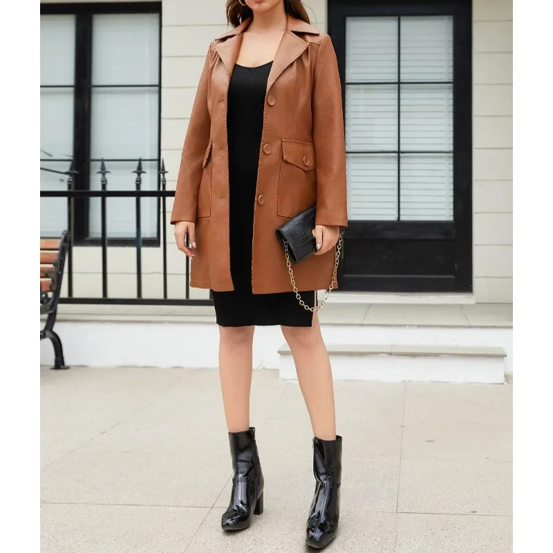 Nowa długa skórzana kurtka na wiosnę 2025, skórzany płaszcz typu trencz z długim rękawem, modna brytyjska kurtka damska z klapami, jednorzędowa.