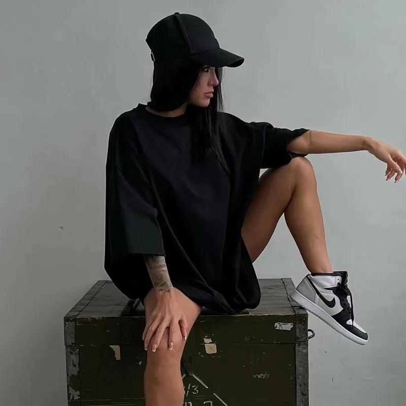 Funny Graphic Tees Oversized Summer O Neck Casual Streetwear T Shirt Women Black Short Sleeve Top Long Chic Basic Clothes
