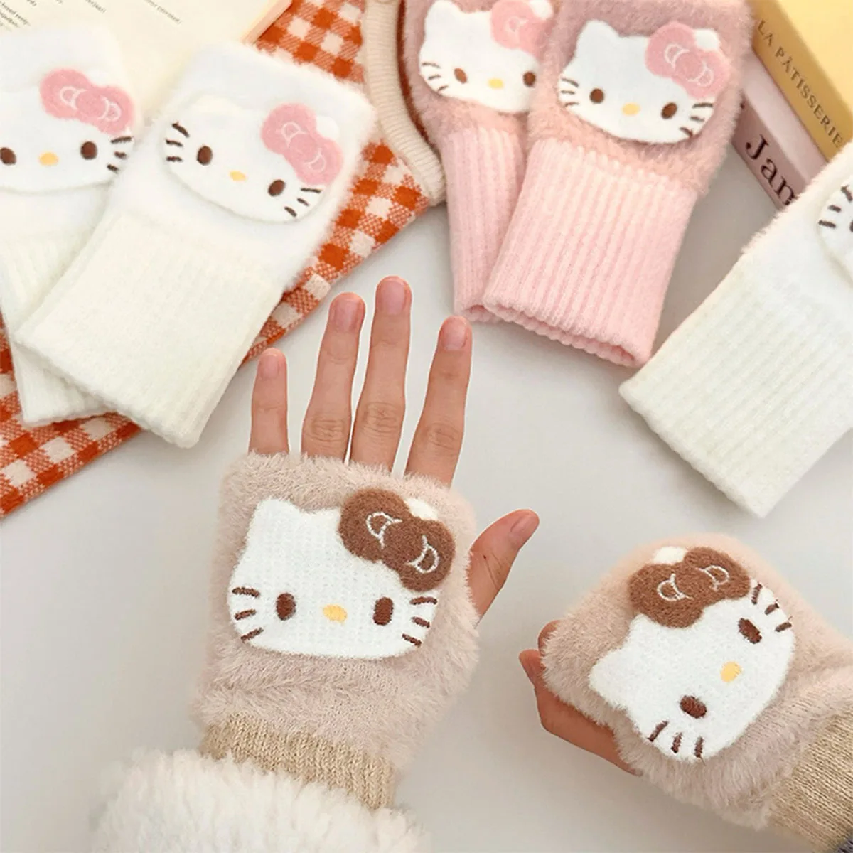 

Sanrio Hello Kitty Half Finger Gloves for Women Fashion Winter Warm Soft Knitting Gloves Casual Cartoon Fingerless Mitten