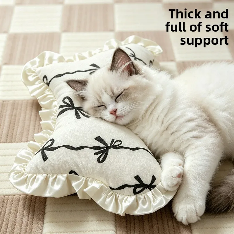 Cat Pillow for Kittens, Cream-Colored with Bow and Lace, Pet Nest Cushion, Dog Sleeping Pad, Thick and Plump Sleeping Pillow