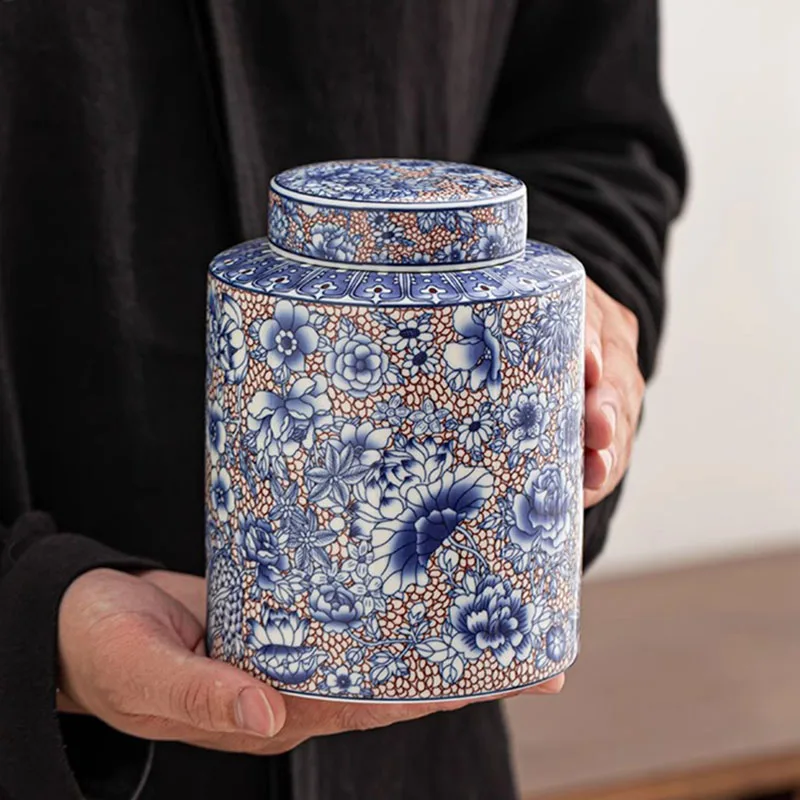 Chinese Ceramic Tea Jar High Grade Purple Candy Jar Blue and White Porcelain Sealed Box Functional Ceramic Bottle Home Ornament