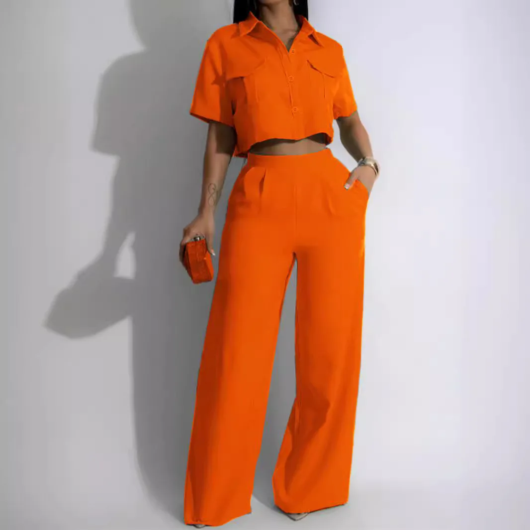 Women Two Piece Sets Pant Set Solid Casual Loose Turn Down Collar Short Sleeve Shirt Tops Wide Leg Long Pants High Waist