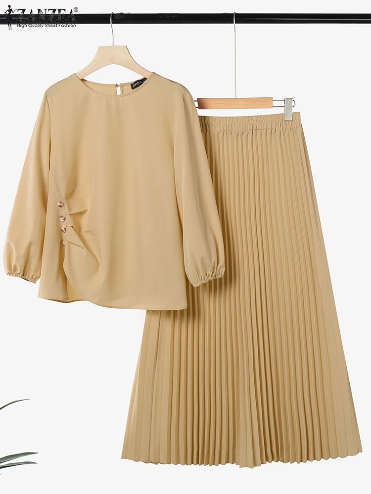 

2025 ZANZEA 2PCS Autumn Outfits Casual Long Sleeve Tops Dress Suit Elegant Women 2 Piece Sets Muslim Tracksuits OL Matching Sets