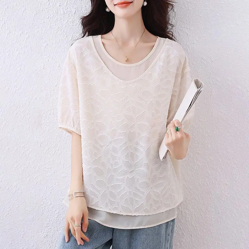 

Elegant O-Neck Spliced Fake Two Pieces Blouses Women's Clothing 2025 Summer New Loose All-match Tops Office Lady Shirts