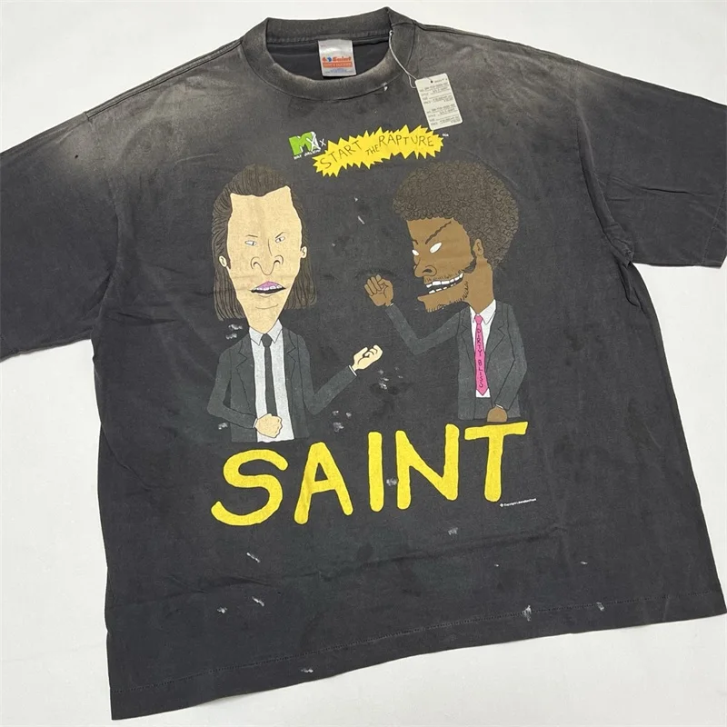 SAINT Mxxxxxx T-Shirts Men Women 1:1 Best Quality Anime Character Print Black Washed Oversized Short Sleeve