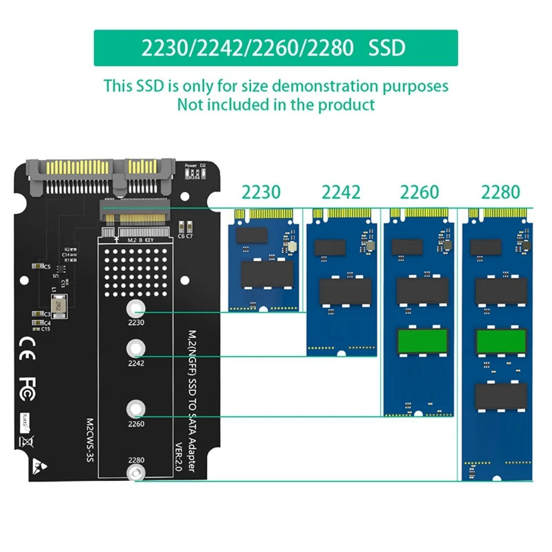 M.2 Adapter To 2.5 SATA Enclosure, B & M Key SATA Black Aluminum Alloy Support 2230 2242 2260 2280