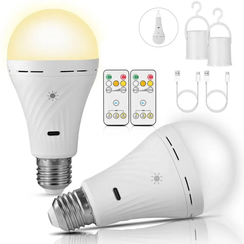 E27 Rechargeable Light Bulb 7W Double Charging Modes Bulb Dimmable Remote Control Lamp with Hook Emergency Bulbs