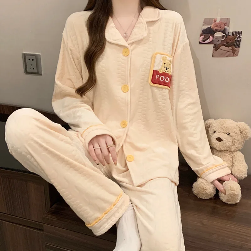 Disney Winnie the Pooh Island Velvet Women's Lapel Cardigan Pajamas Winter Plus Padded Cotton Cute Bugs Bunny Warm Homewear Set