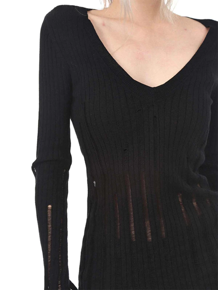 

Осенне-зимний женский свитер в стиле Baddie, рваный джемпер 2000-х годов с длинными рукавами, темный академический джемпер с v-образным вырезом, трикотажные изделия, новинка High Street