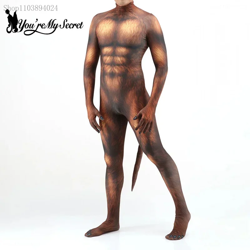 

Cosliy [You're My Secret] Halloween Cosplay Animal Wolf Printed Costume with Tail Crotch Zipper Party Outfit Zentai Bodysuit Cat