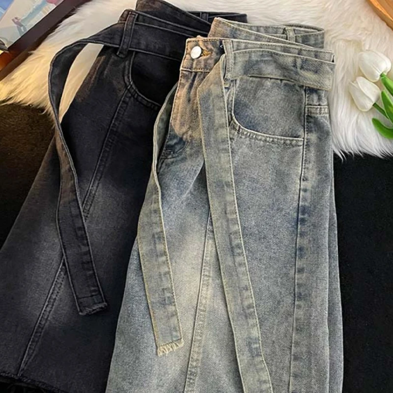 Pantalones cortos vaqueros con flecos finos de verano, pantalones informales holgados hasta la rodilla de calle japonesa, pantalones bonitos azules versátiles a la moda