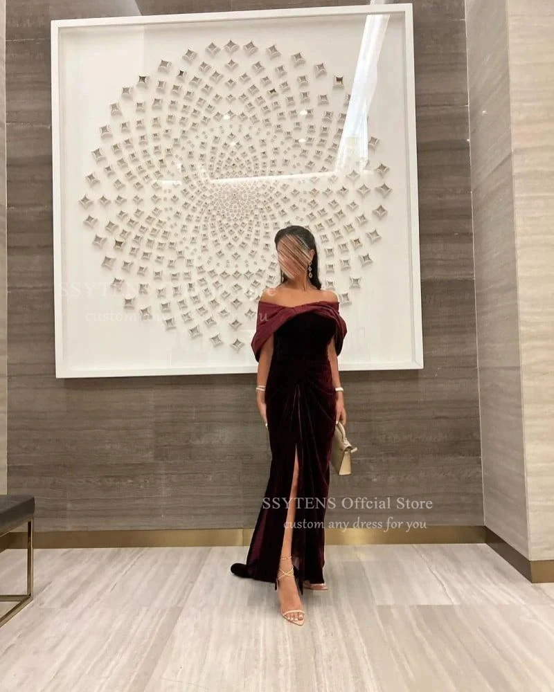 SSYTENS 高級ベロアイブニングドレス女性ボートネックフォーマルな機会シャーリングサイドスリットウェディングパーティーロングウエディングドレスカスタマイズ