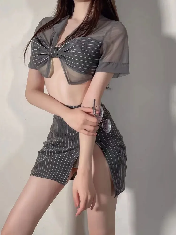 Sexy Two Pieces Set Women\'s Mini Skirts High Slit Skirts With Bowknot Crop Tops Stripe Woman Clothing Role Play Costum Allure