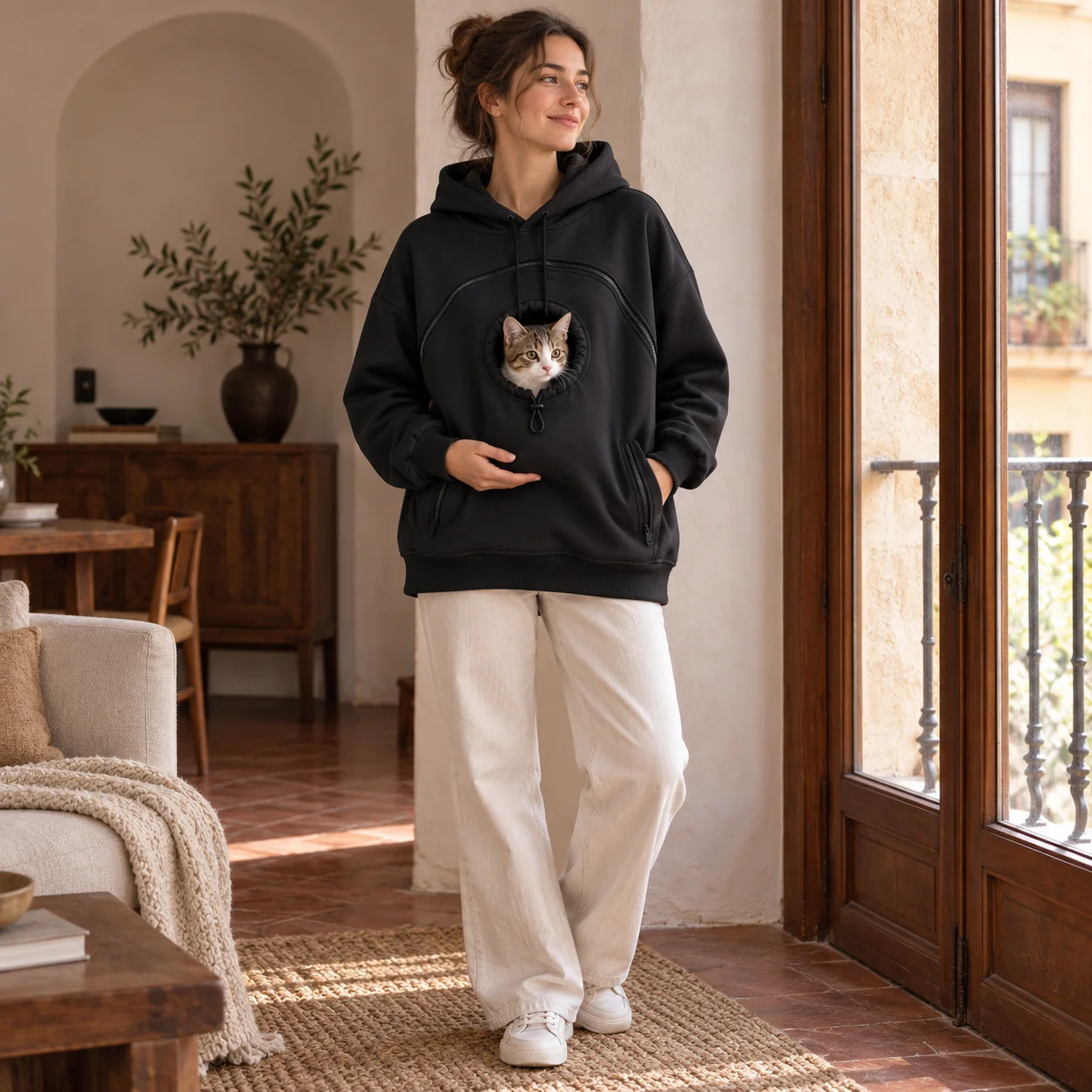 Womens Pet Pouch Hoodie Winter Fleece Hooded Sweatshirt Oversized Pullover With Adjustable Opening Home Wear For Cat Lovers Gift