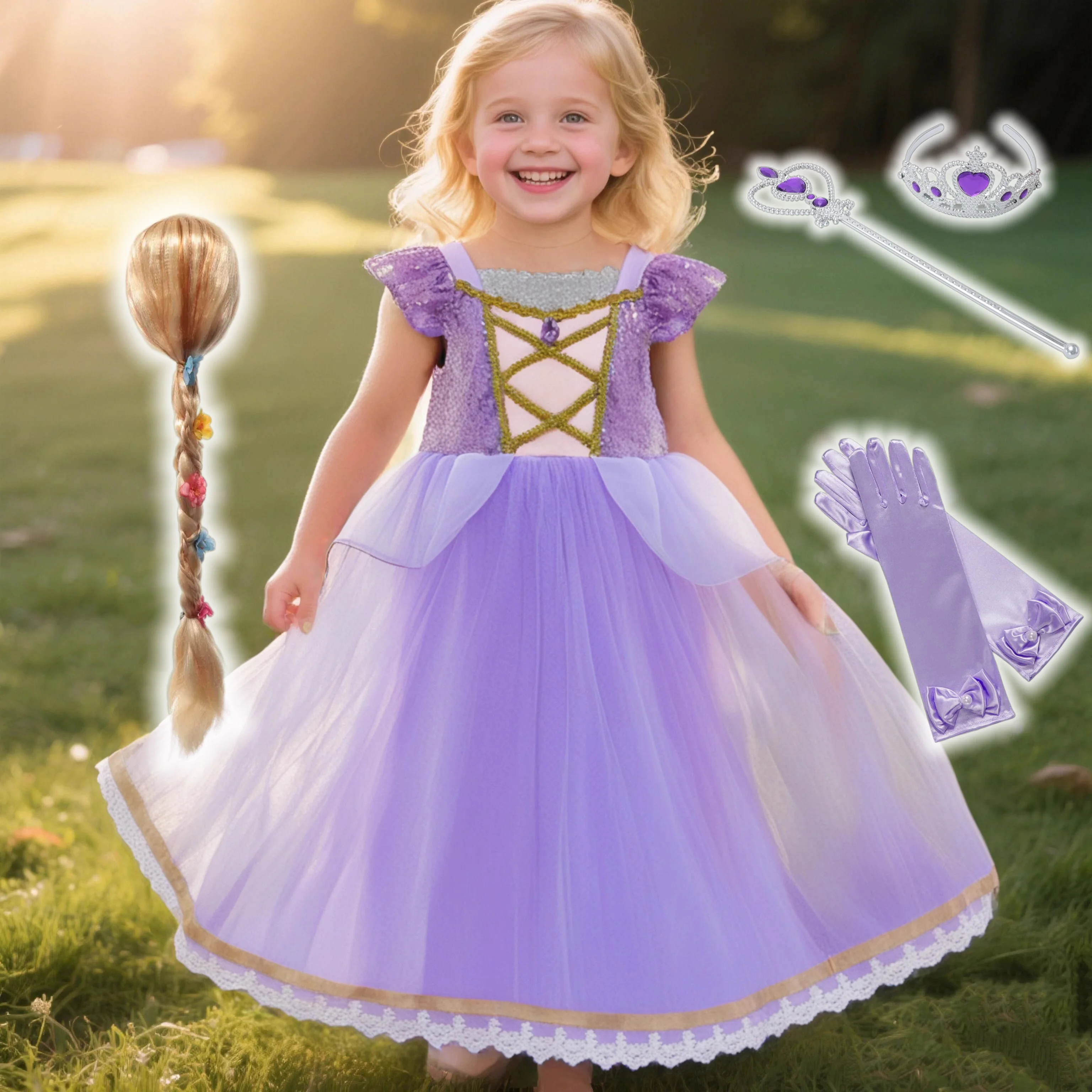 

Girls Rapunzel Princess Dress Kids Birthday Party Tangled Magic Hair Princess Cosplay Dress Purple Elegant Temperament Costume