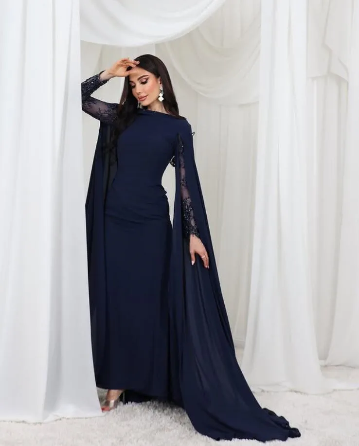 Gaun Formal Malam Kaftan Arab Biru Laut dengan Pakaian Gaun Acara Prom Saudi Dubai Lengan Panjang Ukuran Khusus Bungkus Jubah