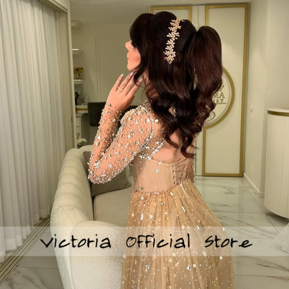 Vestido de noche lujoso desnudo de Dubai de manga larga con diamantes de imitación color champán con cuentas vestido de novia 2025 vestido de fiesta فساتmaveraPersonalizzato