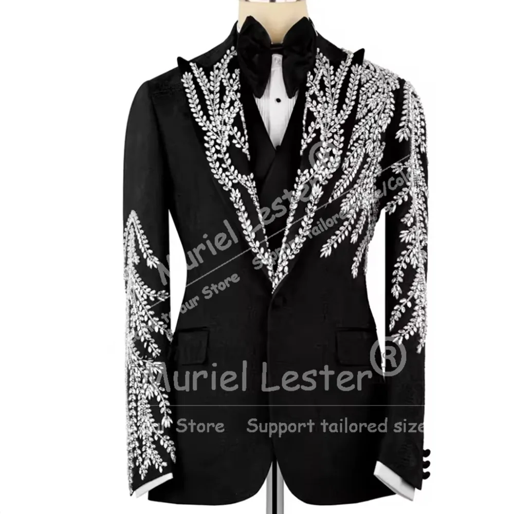 

Роскошный мужской костюм с украшениями из страз, 3-х предметный комплект, однобортный пиджак для выпускного вечера, индивидуальный пошив, смокинг для жениха, мужской наряд для вечеринки