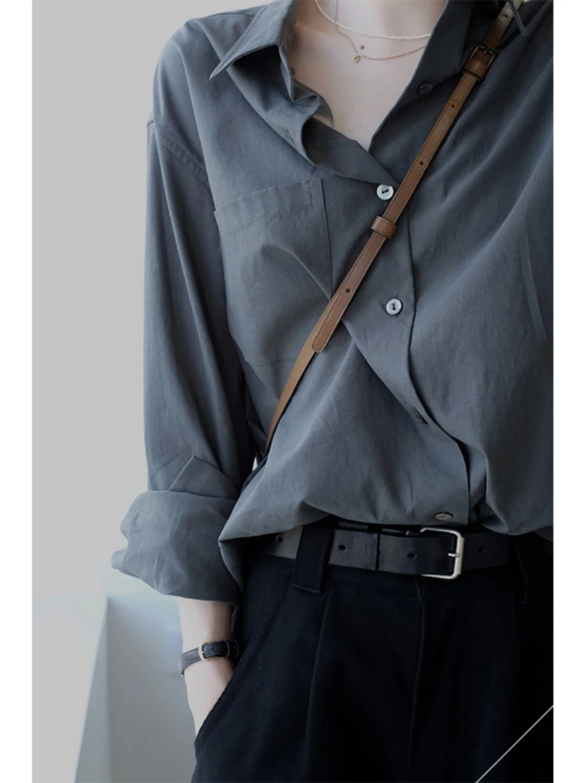 

Серая женская рубашка в повседневном стиле, винтажная, свободного кроя, с элементами гонконгского стиля, корейская версия, весна-осень, шикарный топ