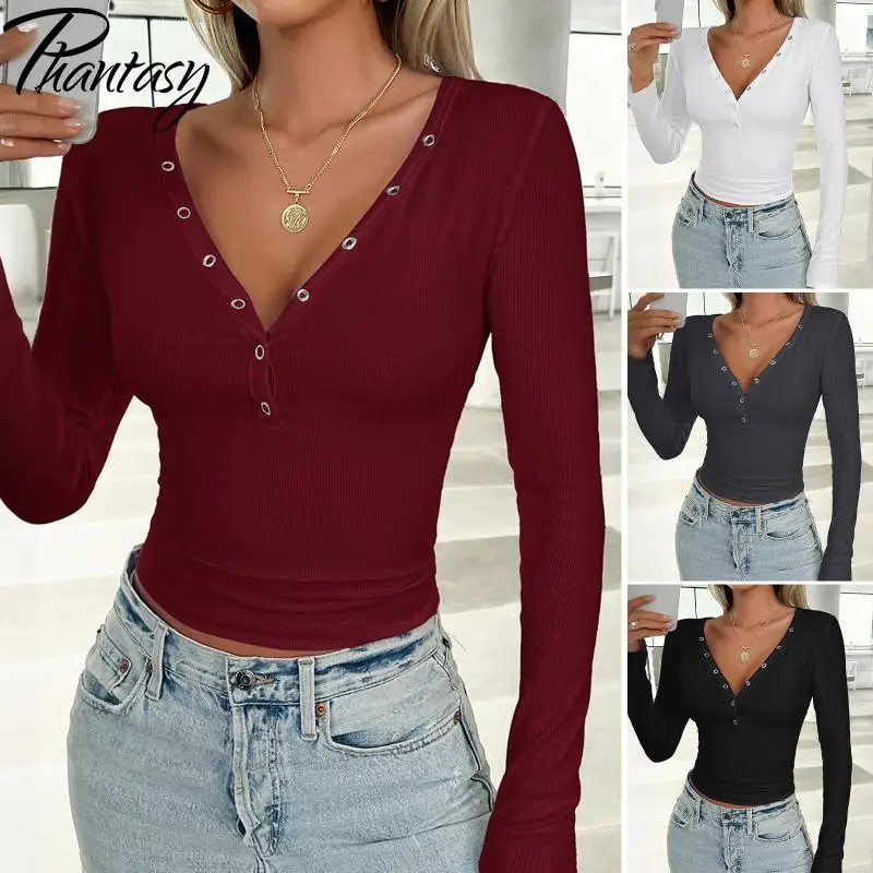 Phantasy Y2K Skinny Long Sleeved Shirt Women Office Lady Blouse Solid V Neck Elegant Tops Button Versatile Autumn Female Shirt