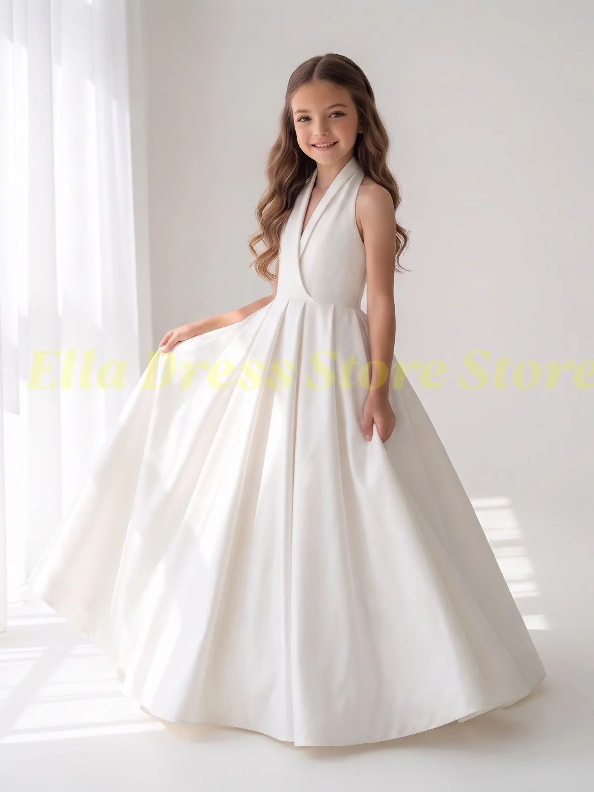 Großhandel Satin Puffy Blumenmädchenkleid für Hochzeit, Geburtstag, Festzug, Formelle Kleider, A-Linie, bodenlang, Kinder-Prinzessinnenkleider – Detail 3