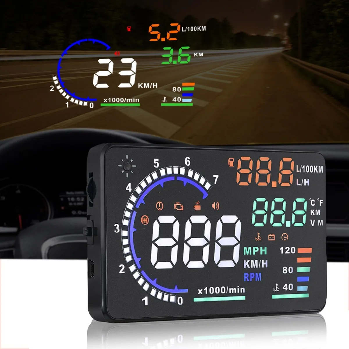 

A8 5.5'' Car Head Up Display AD OBD2 Digital Speedometer Tachometer Windshield Projector with Speed RPM Water Temperature Alarm