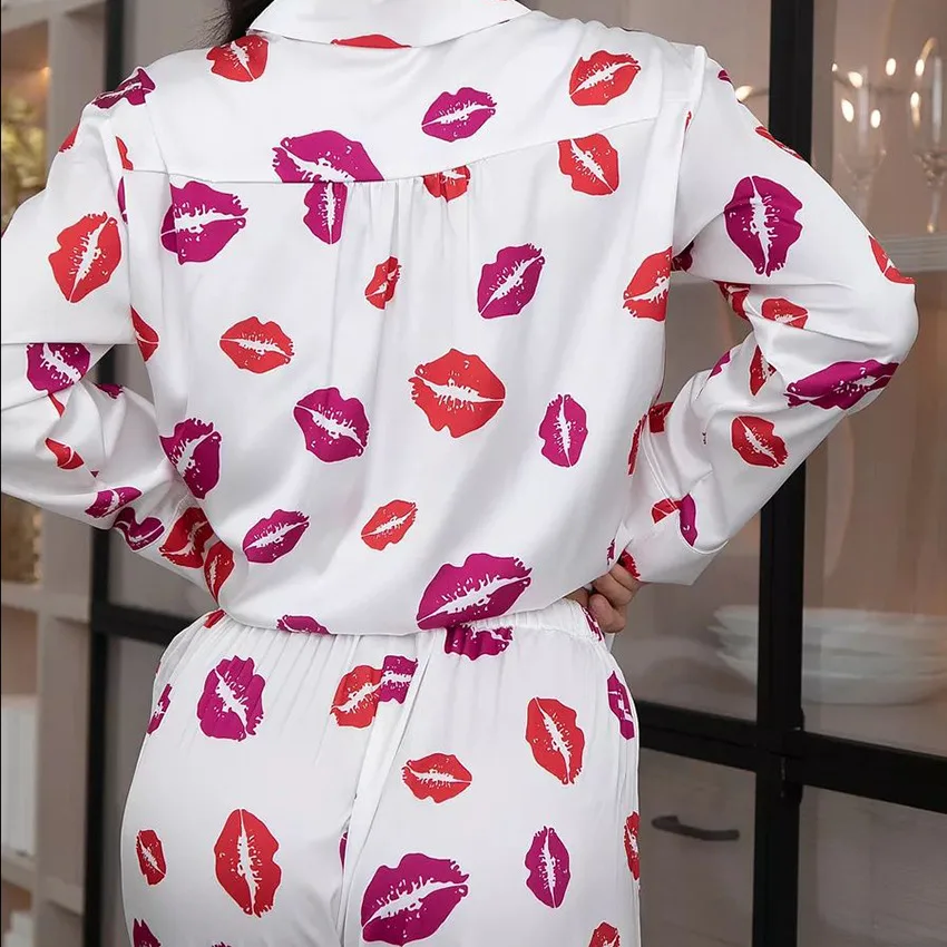 Summer New Women's Imitation Silk Casual Pajama Suit Long sleeved Single Breasted Shirt+Pants Sets Sexy Lip Print Two Piece Set