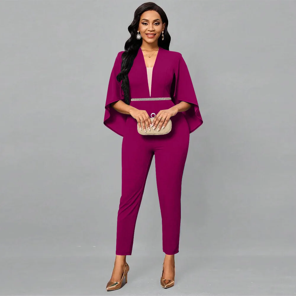 Women Short Bat Sleeve Jumpsuits Skinny Pant One Piece 2024 Solid V Neck Tight High Waist Ropmers Elegant Office Ladies Clothes