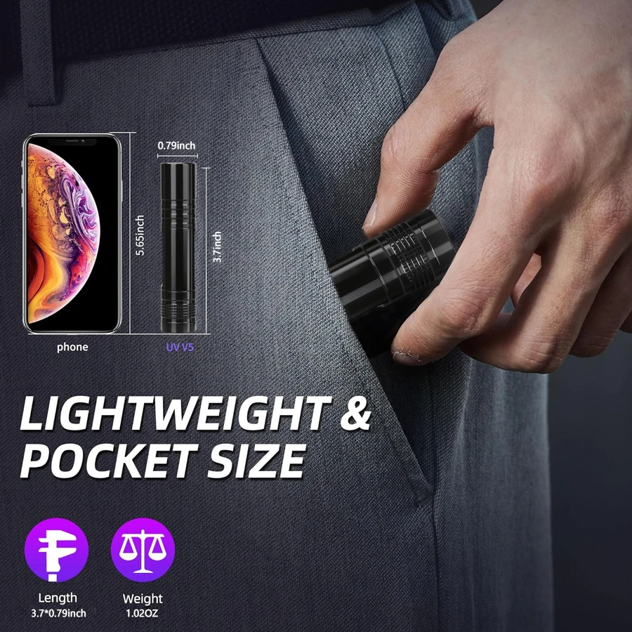 365nm UV Flashlight: Mini Purple Ultraviolet Torch for Pet Urine & Jade Detection