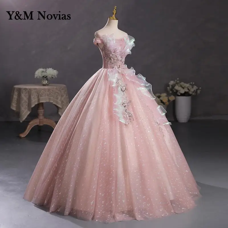 Y&m Novias Floral Print Shining Strapless Pink Quinceanera Dresses Ball Gown Flower Women Vestidos Debutantes 15 Anos plus Size