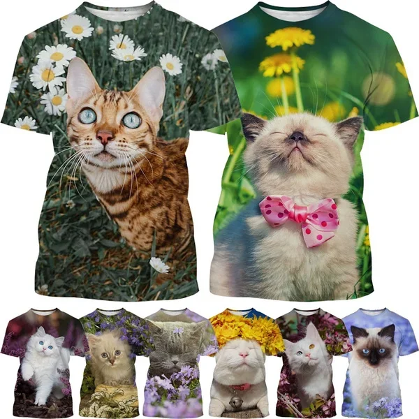 

New Fashion Cat Flower Art Short-sleeved T Shirt Women's Cute Casual T Shirt Animal Harajuku Streetwear Top