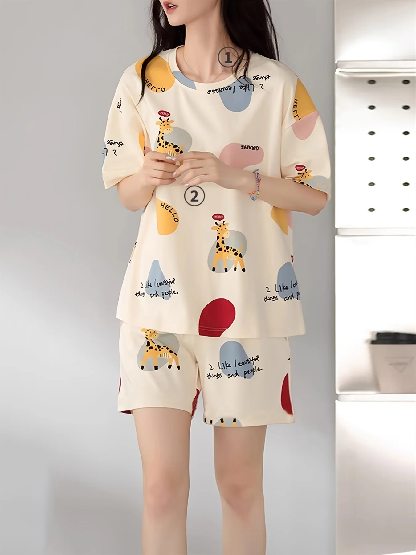 2026 Summer Cute Giraffe Print Pajama Set for Women Short Sleeve Top & Elastic Shorts Casual Two Piece Loungewear for Home Wear