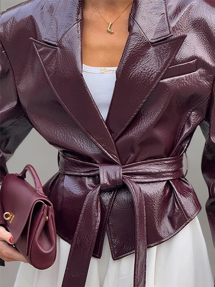 

Vintage Women's Leather Jacket With Belt Slim Lace Up Lapel Long Sleeve Short Coat 2025 Autumn Lady High Street Y2k Outerwear