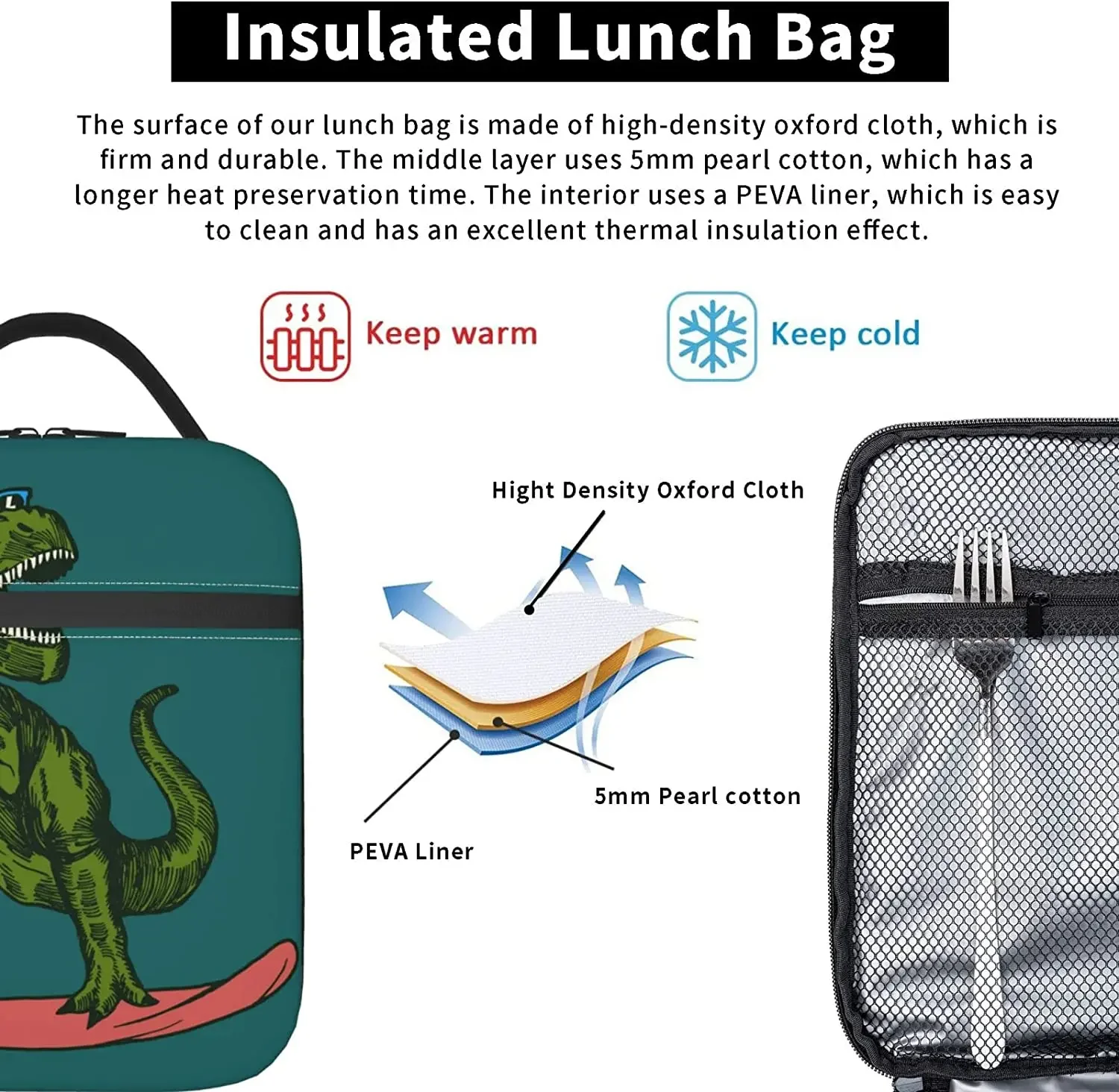 Surfing Dinosaur Thermal Lunch Bag Insulated Lunch Bags for Women/Men/Girls/Boys Detachable Handle Lunch Box Meal Tote Bag