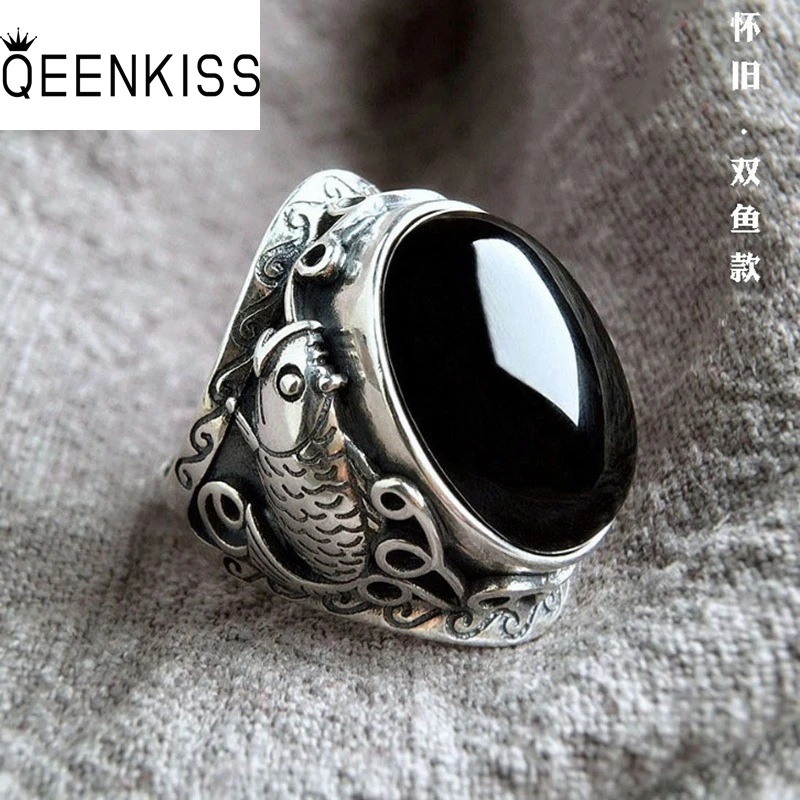 QEENKISS 925 Sterling Silver Vintage Oval Crap Open Rings for Men Birthday Wedding Party Christmas Groom Father Boy Gifts RG7162