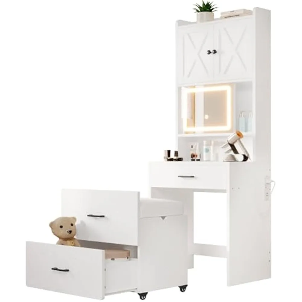 Vanity Desk Set with Mirror and Light,Compact Makeup Vanity Desk with Drawers and Charging Station,with Hidden Storage and Stool