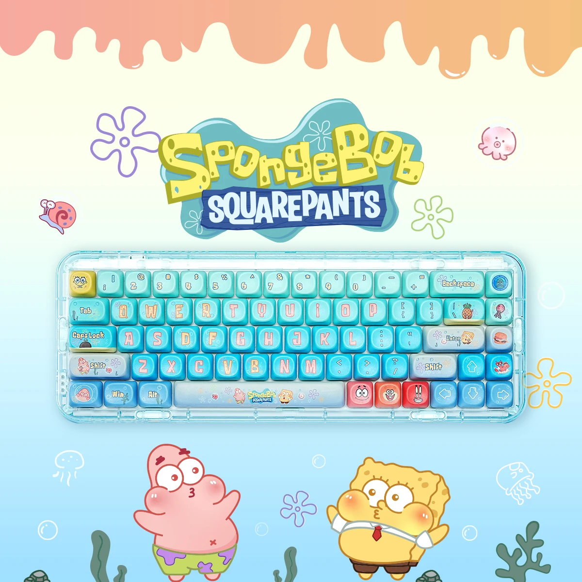 Teclas con tema de Bob Esponja Kawaii, juego completo de 148 teclas, interruptor MX de dibujos animados, perfil PBT MOA, teclas de teclado mecánico para chica