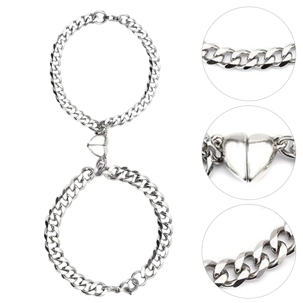 2 Pcs Stainless Steel Magnetic Heart Bracelets Couple Lovers Heart Shaped Boyfriend Girlfriend Wrist Bands Attractive Design