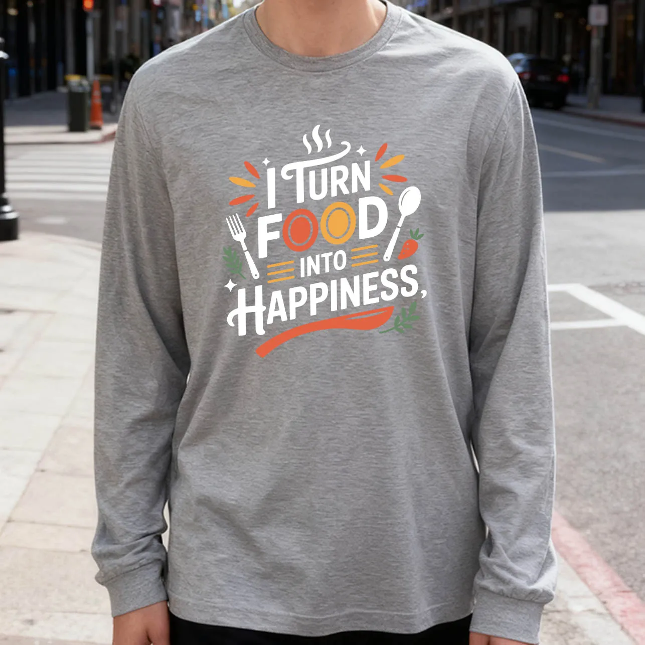 

I Turn Food into Happiness Men's Long Sleeve T-Shirt 180g 100% Cotton Printed Crew Neck Casual Daily Wear Soft and Breathable